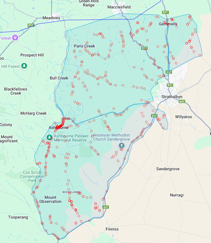 Ashbourne, Paris Creek, Gemmells, Mount Observation, Woodlands summer peak Friday to Saturday map