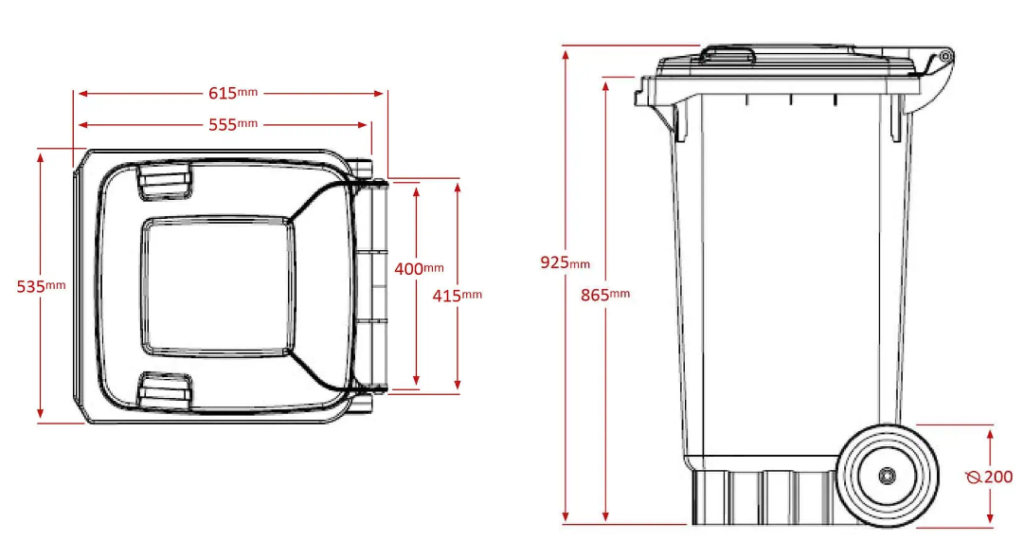 140lt bin dimension diagram